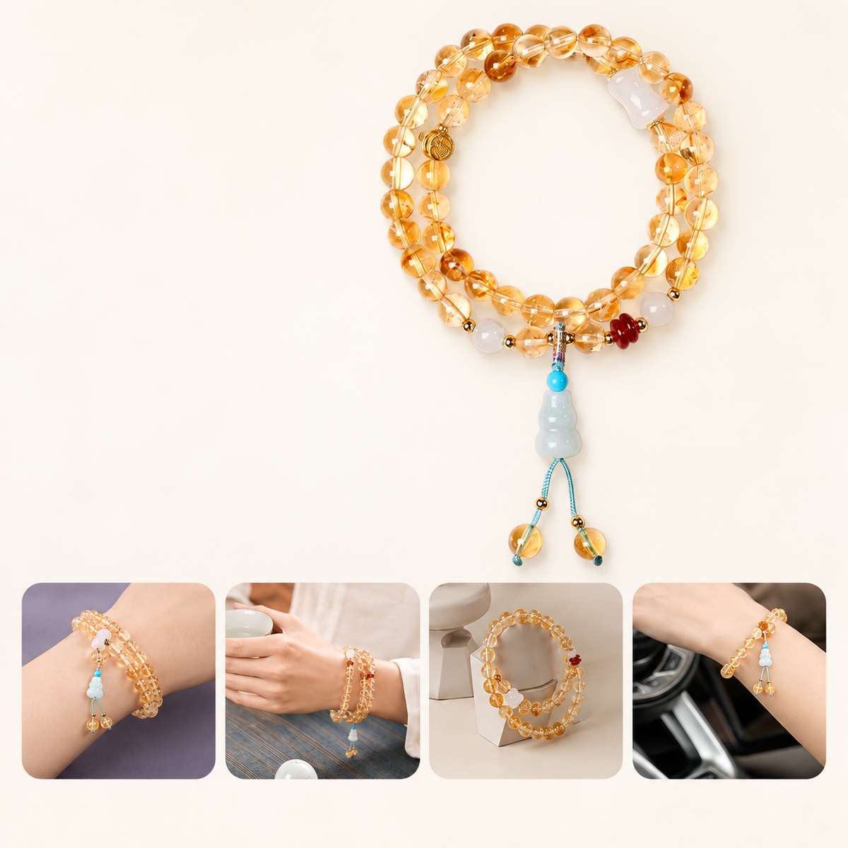 Golden crystal bead bracelet in wearing and styling views