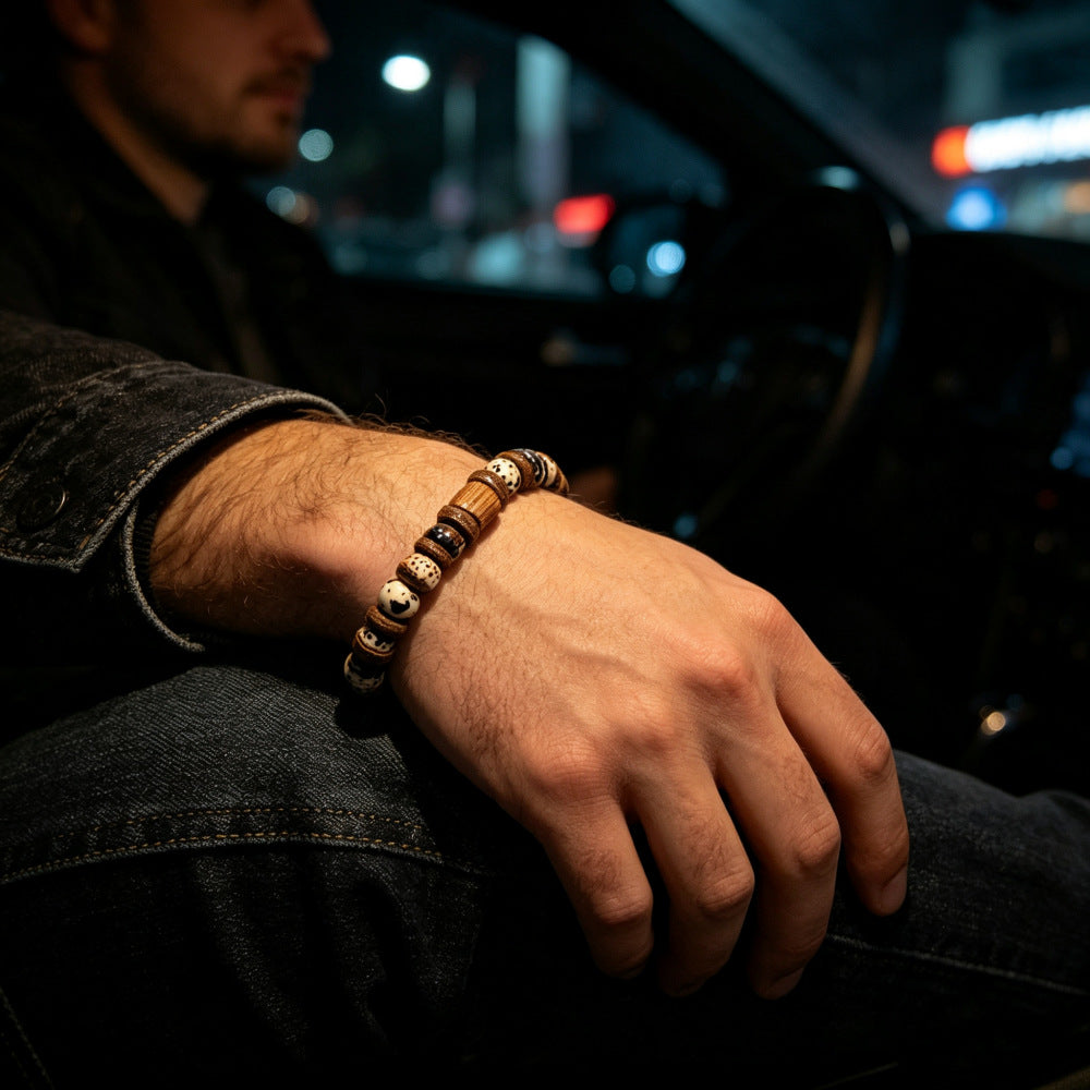 Boho earth-tone and black bead bracelet — detail view 04