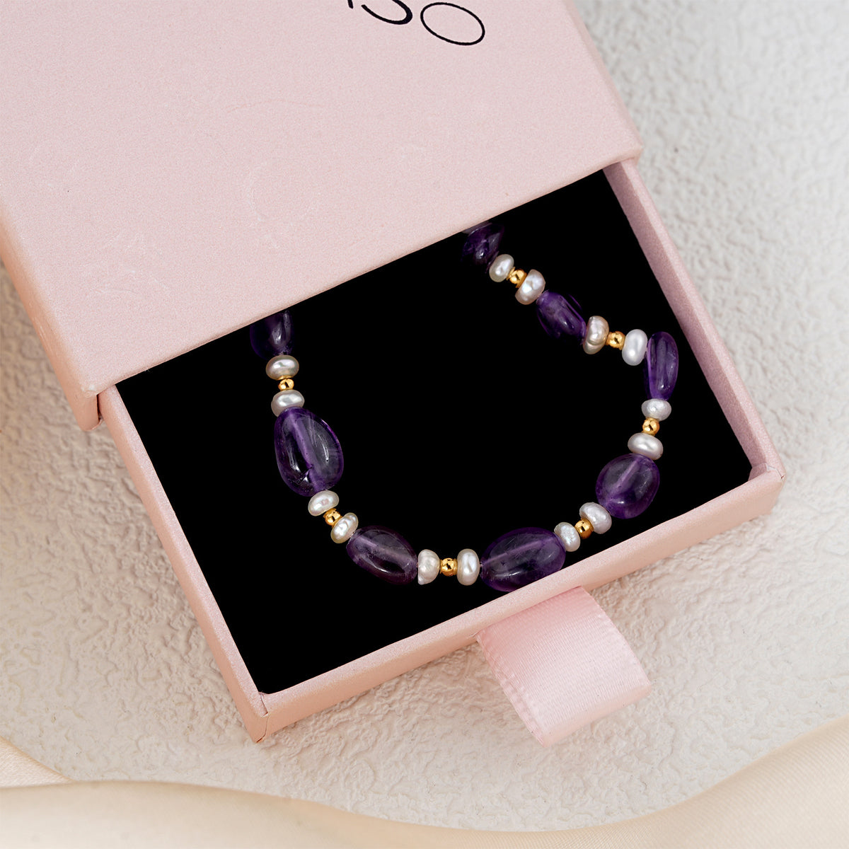Handmade amethyst and freshwater pearl bracelet with 18K gold plated accents – styling view 7