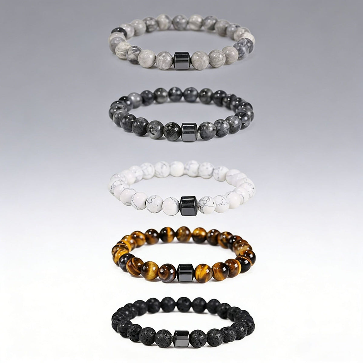 Men's matte black bead bracelet with polished silver-tone accent