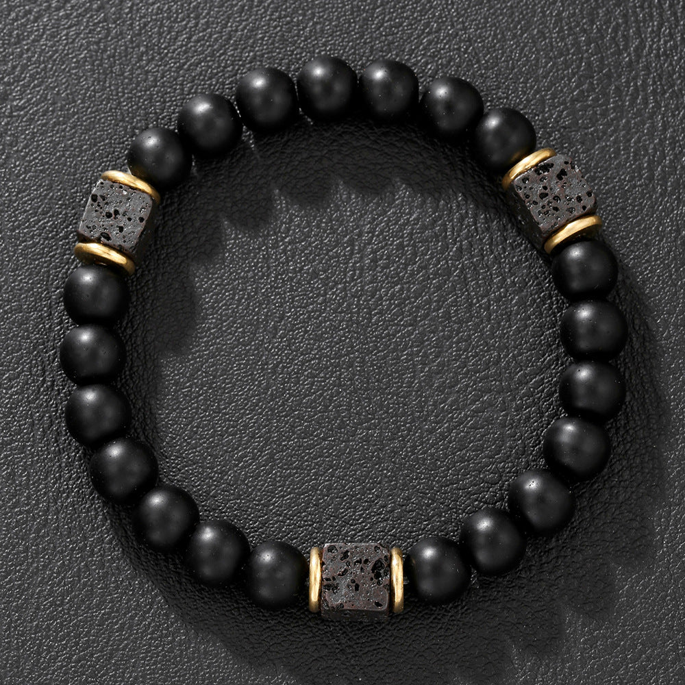 Men's matte black bead bracelet with square focal accent