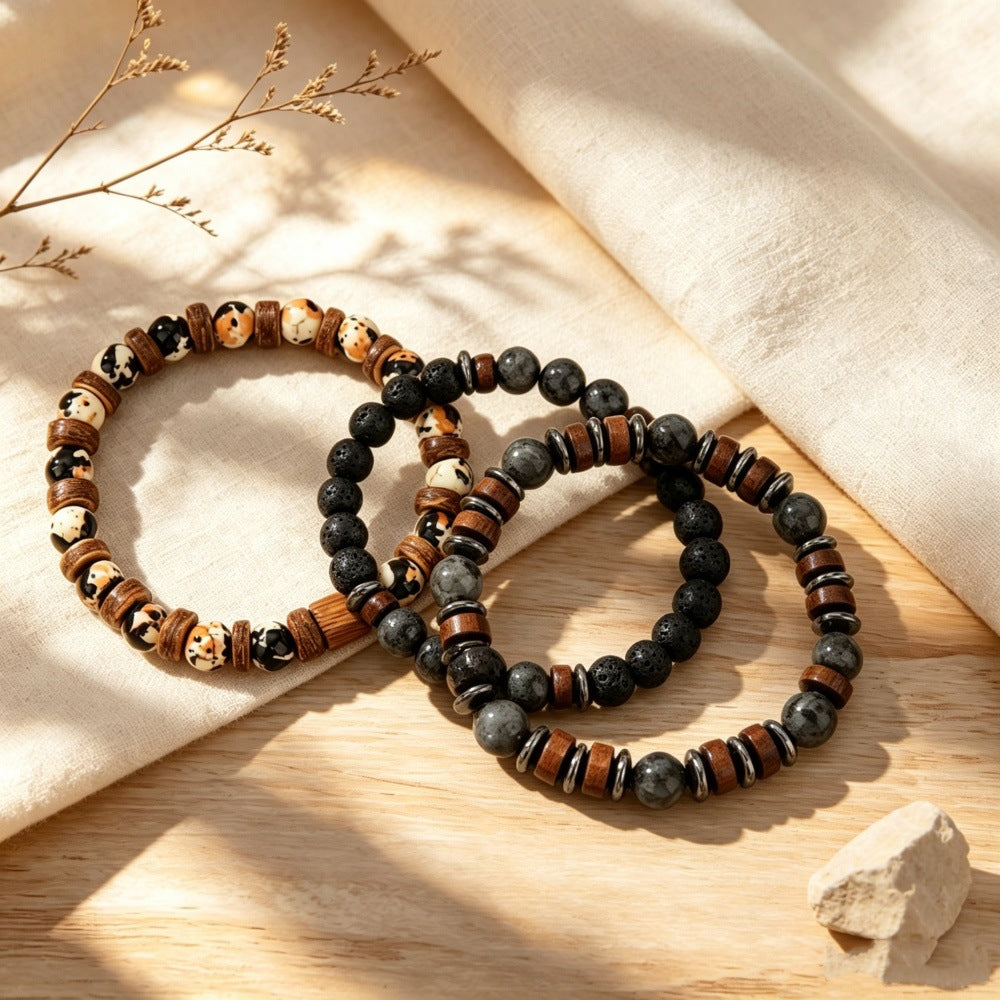 Boho earth-tone and black bead bracelet — detail view 02