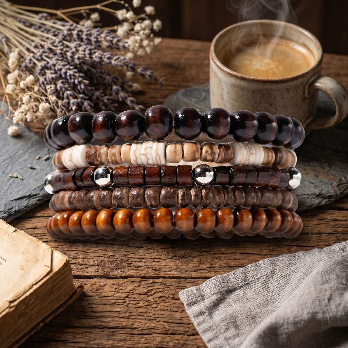 Men's earth-tone bead bracelet stack — detail view 03