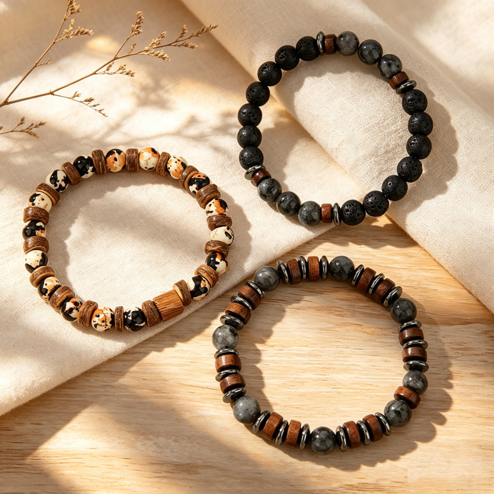 Boho earth-tone and black bead bracelet — detail view 01