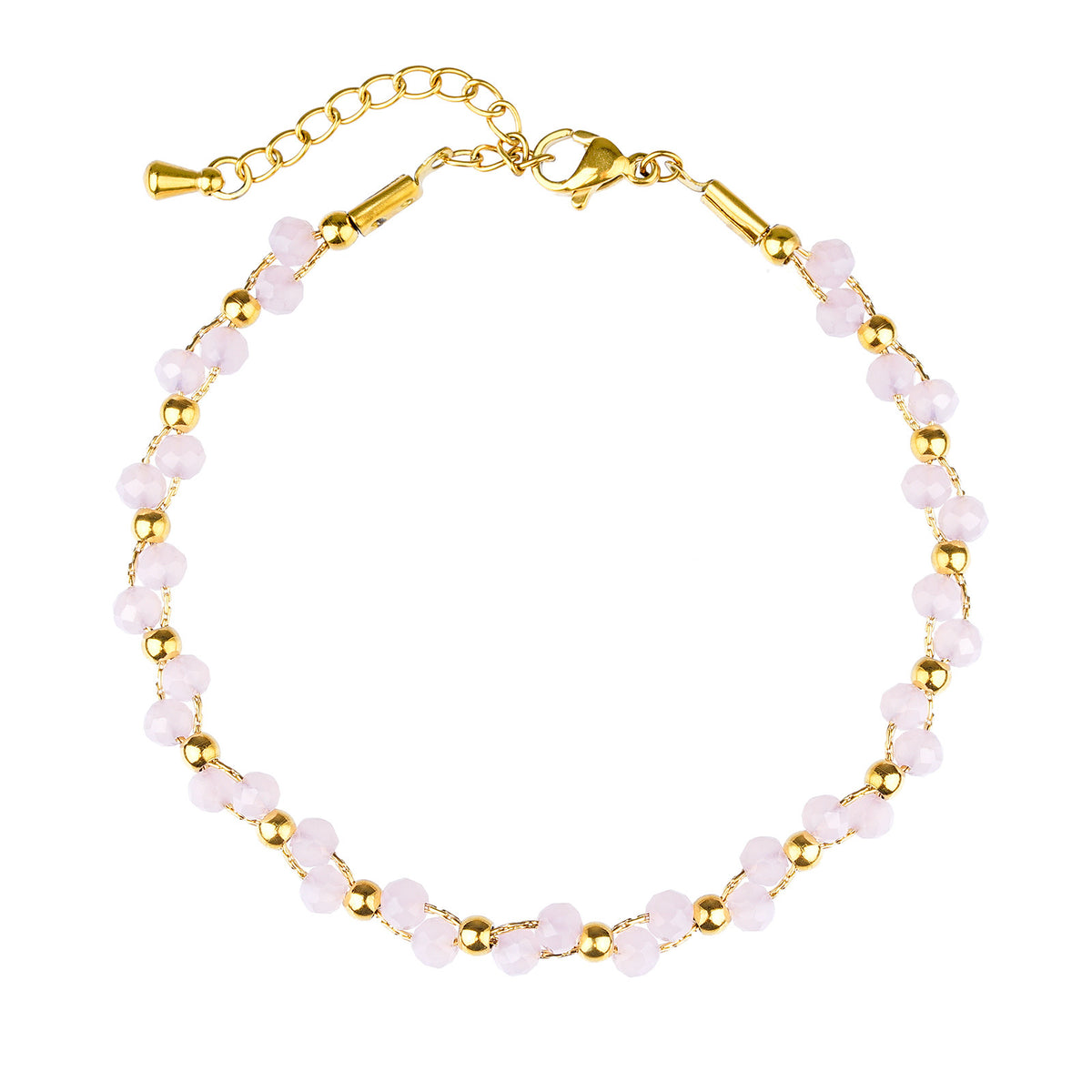 Handmade rose quartz beaded bracelet with 18K gold plated accents – styling view 5