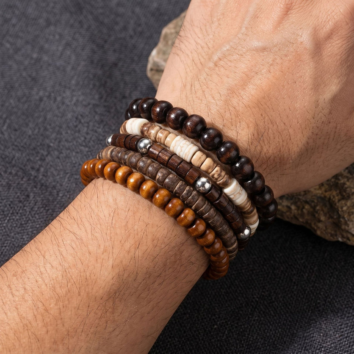 Men's earth-tone bead bracelet stack — detail view 01