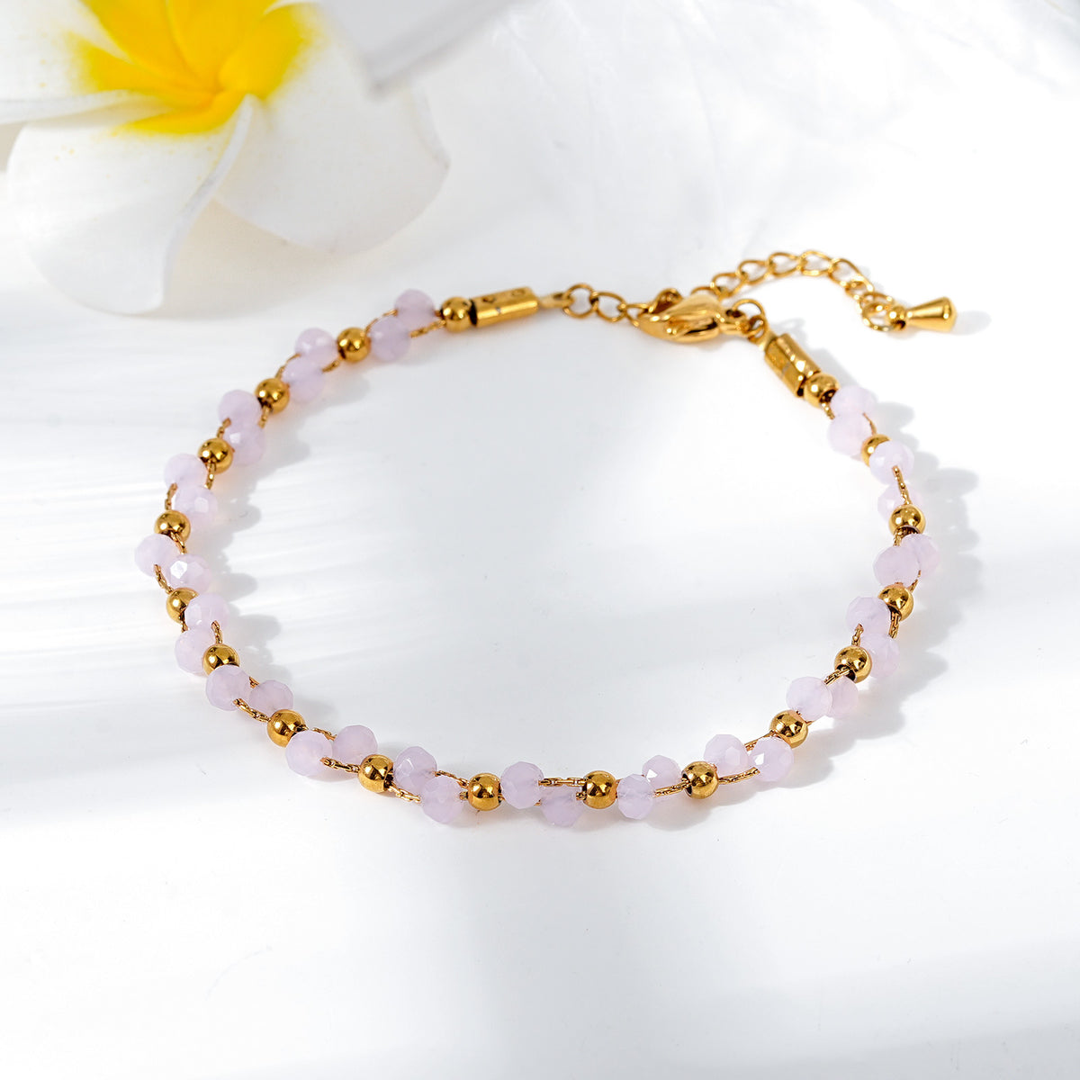 Handmade rose quartz beaded bracelet with 18K gold plated accents – Standard