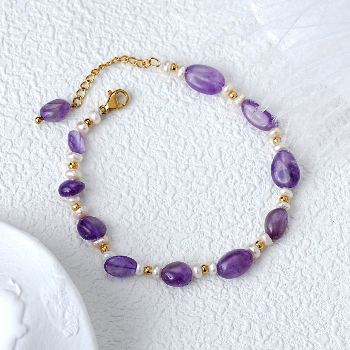 Handmade amethyst and freshwater pearl bracelet with 18K gold plated accents – styling view 4