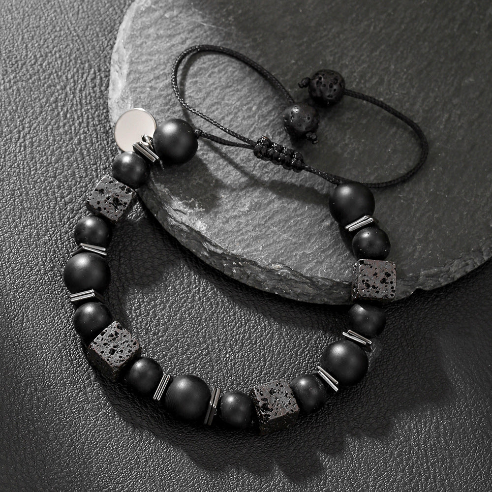 Matte black bead bracelet with woven cord and square accents