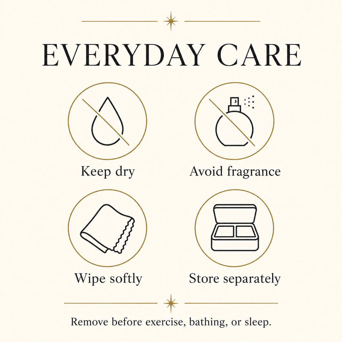 Everyday bracelet care: keep dry, avoid fragrance, wipe softly, and store separately