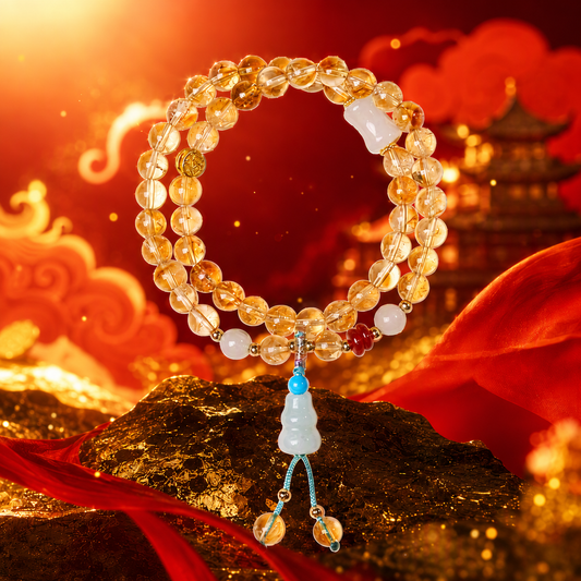 Golden crystal bead bracelet on a red lifestyle background