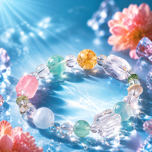 Multicolor large accent bead bracelet on a blue floral background