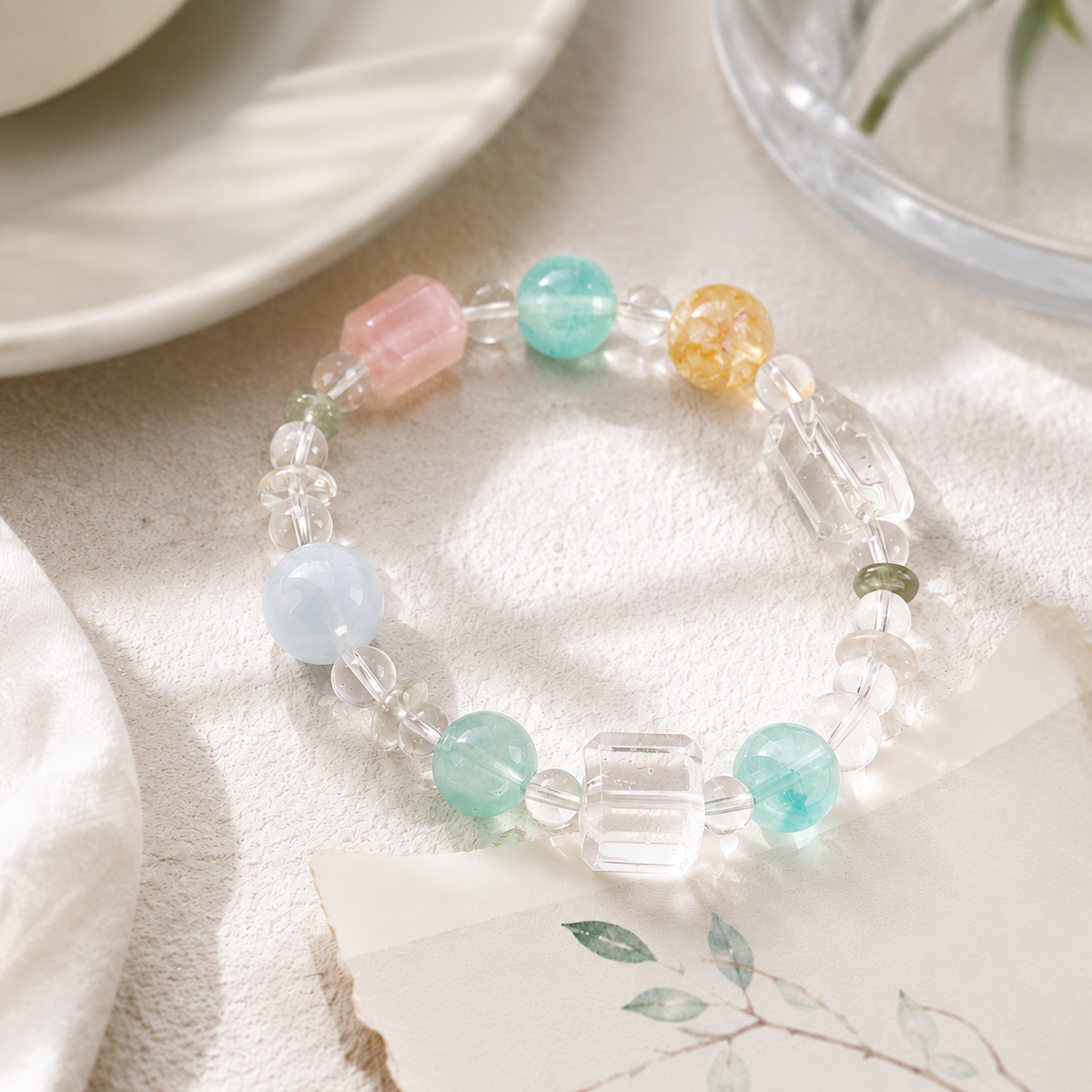 Multicolor large accent bead bracelet in a soft neutral flat lay