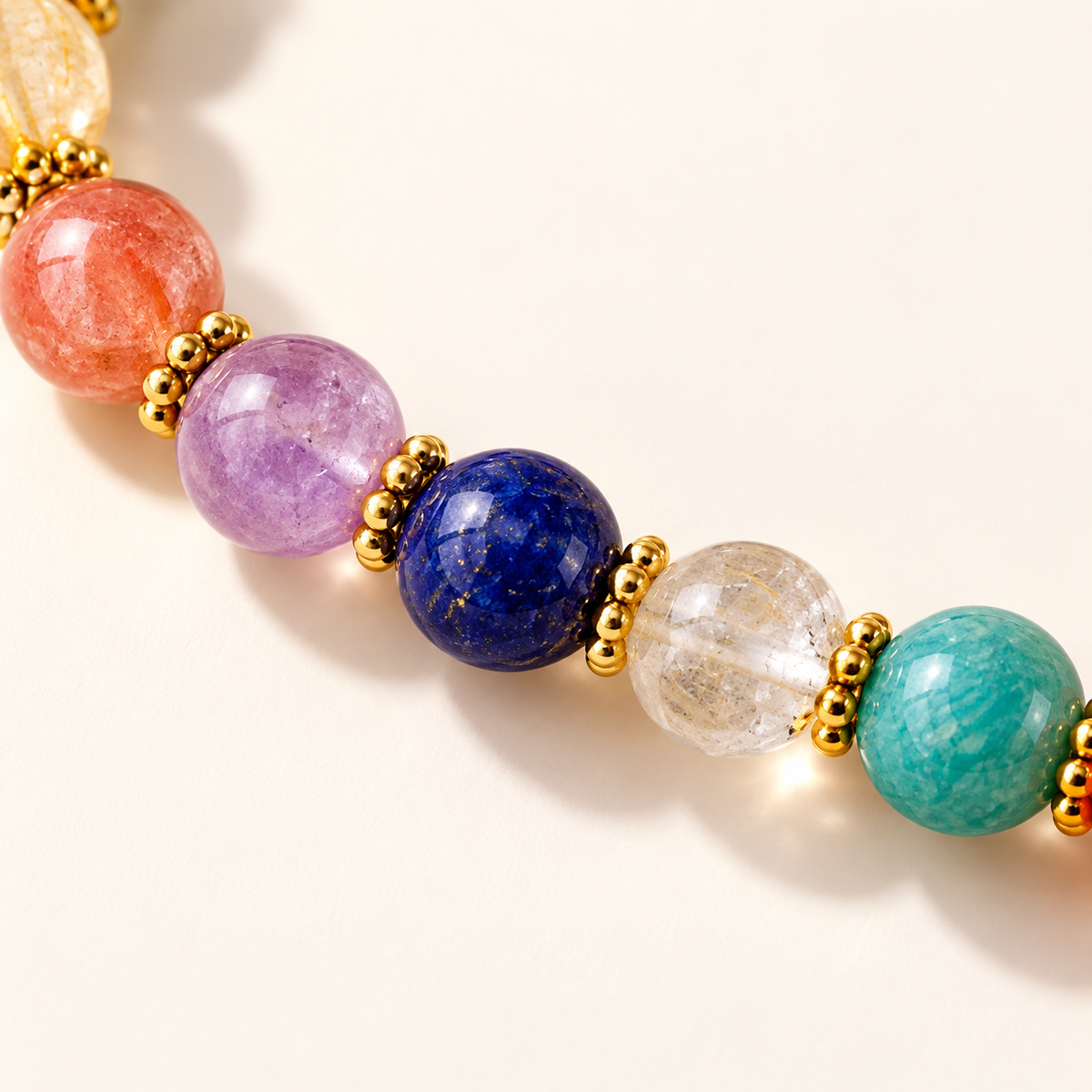 Close-up detail of multicolor 8 mm beads and gold-tone spacers