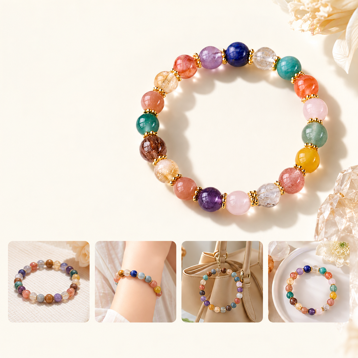 Multicolor 8 mm bead bracelet with wearing and styling views
