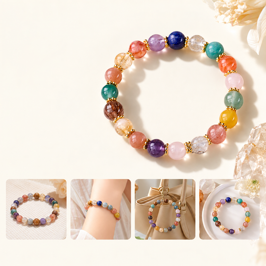 Multicolor 8 mm bead bracelet with wearing and styling views
