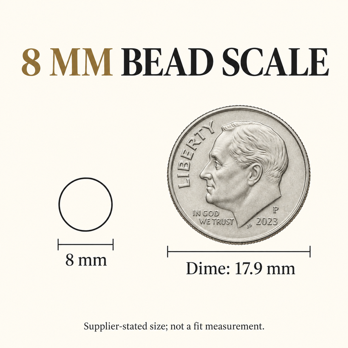 8 mm bead scale compared with a U.S. dime; supplier-stated size