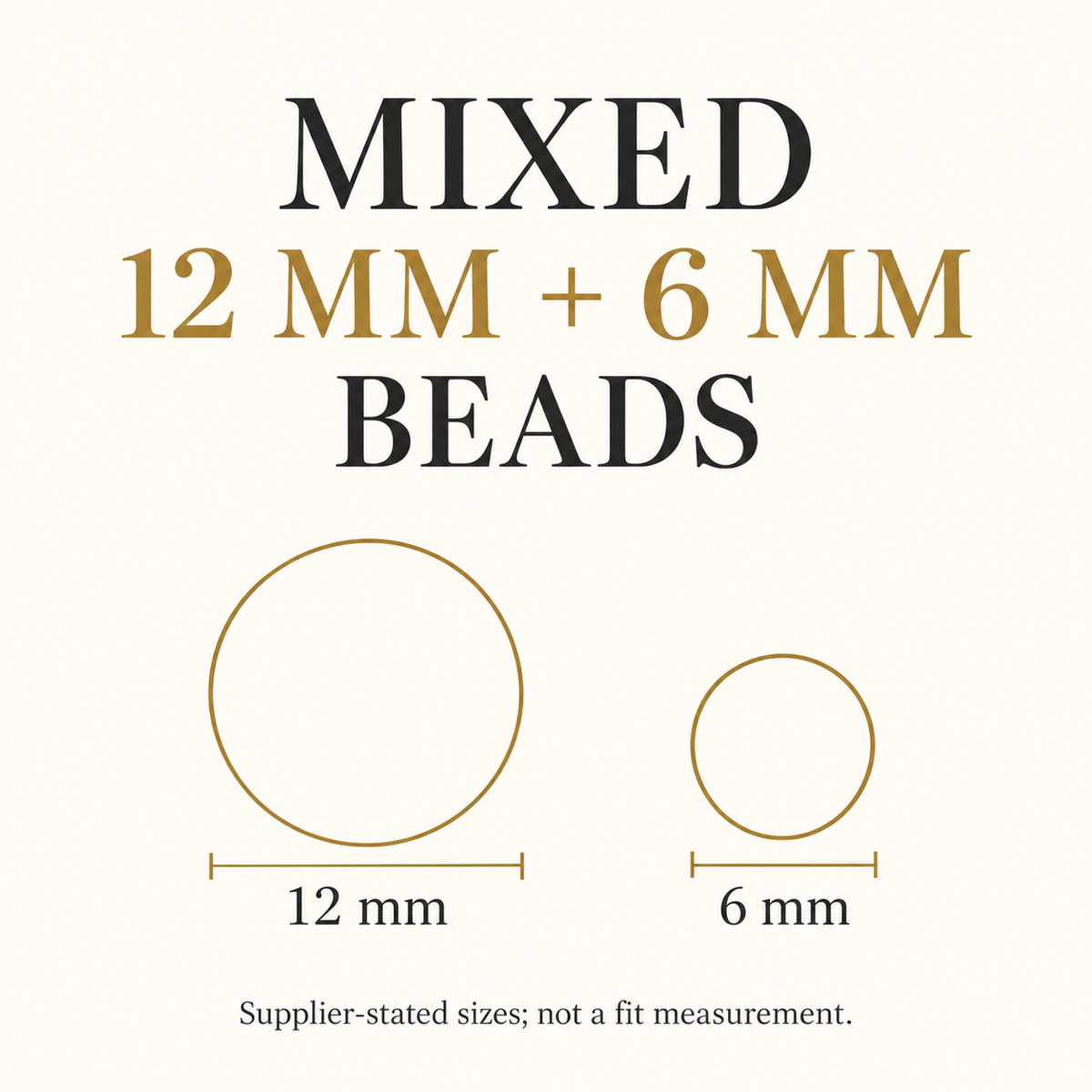 12 mm and 6 mm bead size comparison; supplier-stated sizes