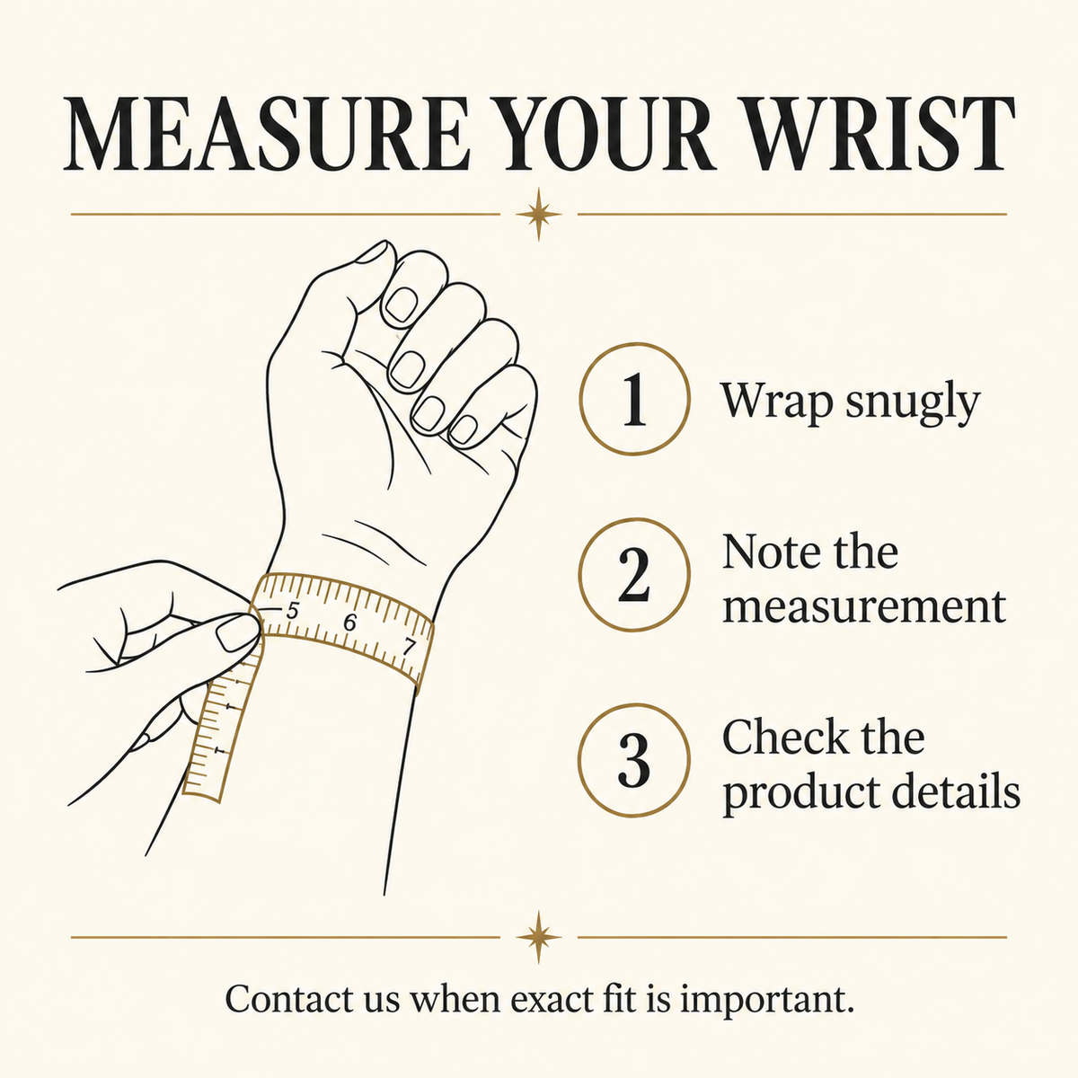 Three-step wrist measurement guide for bracelet fit