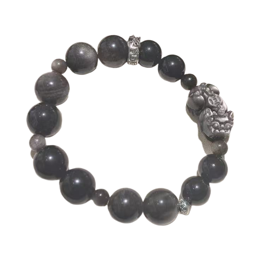 Silver sheen bead bracelet with Pixiu-inspired centerpiece on white
